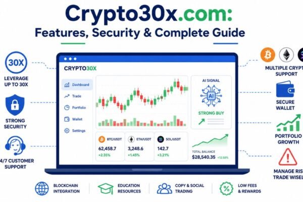 Crypto30x.com trading platform overview showing features, security, AI trading tools, and cryptocurrency market dashboard.