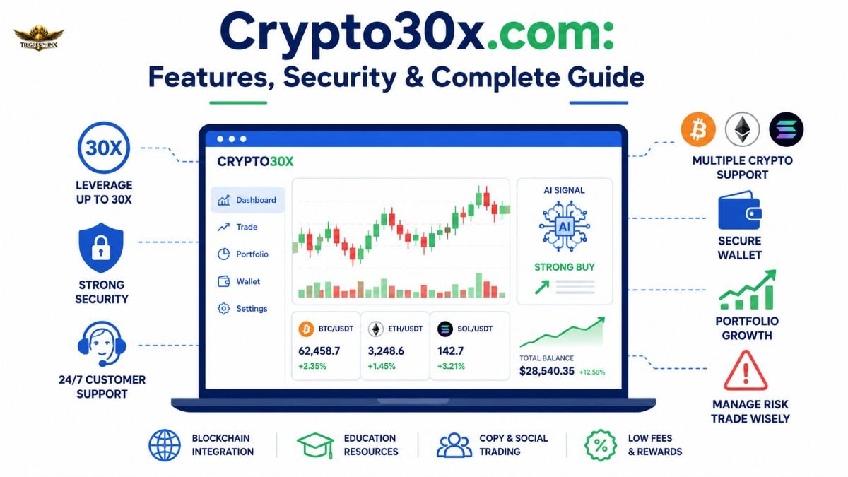 Crypto30x.com trading platform overview showing features, security, AI trading tools, and cryptocurrency market dashboard.