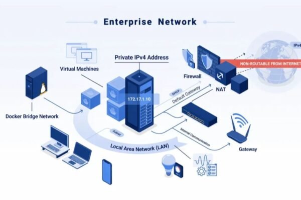 Diagram showing the 172.17.1.10 private IPv4 address in a Docker bridge network and internal LAN environment.