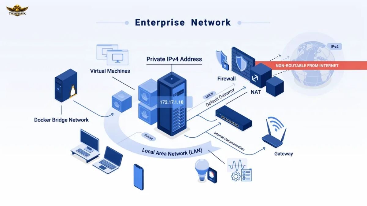 Diagram showing the 172.17.1.10 private IPv4 address in a Docker bridge network and internal LAN environment.