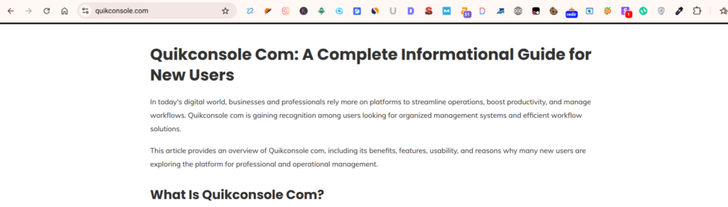 QuikConsole.com homepage showing its logo, navigation menu, and article categories.