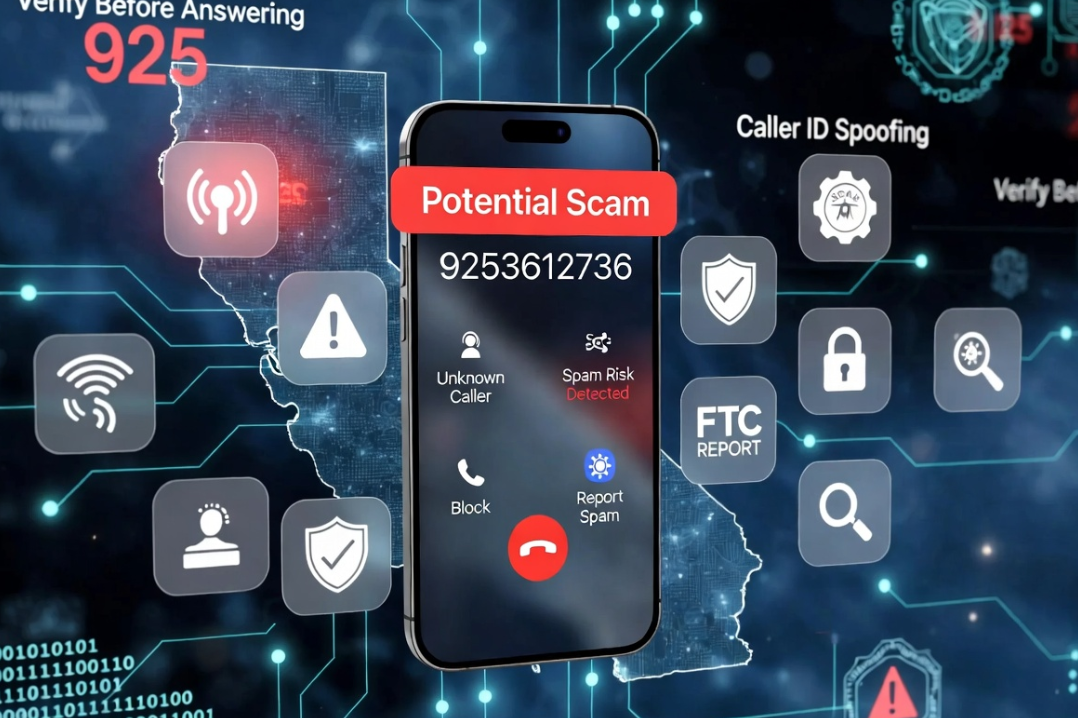 9253612736 scam call warning showing an unknown caller on a smartphone with spam alert and call blocking options
