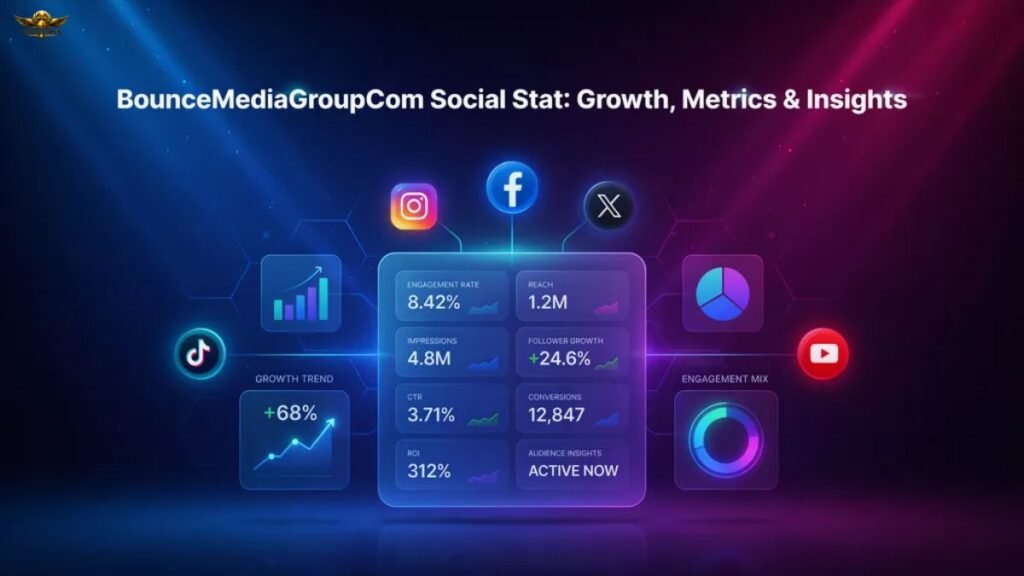 BounceMediaGroupCom Social Stat dashboard showing social media growth, engagement, reach, CTR, and performance metrics.