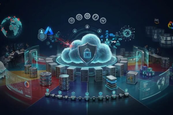 Cloud security best practices illustration showing IAM, Zero Trust, encryption, cloud infrastructure, compliance, and cyber threat protection.