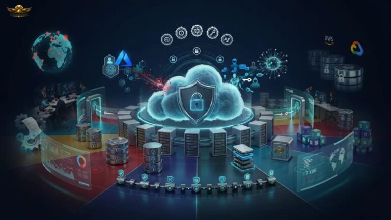 Cloud security best practices illustration showing IAM, Zero Trust, encryption, cloud infrastructure, compliance, and cyber threat protection.