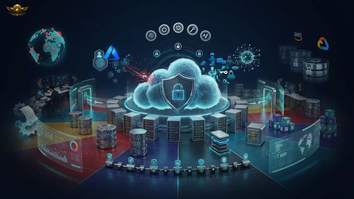 Cloud security best practices illustration showing IAM, Zero Trust, encryption, cloud infrastructure, compliance, and cyber threat protection.
