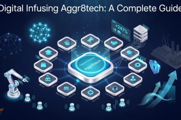 Digital Infusing Aggr8tech framework showing AI, cloud computing, automation, and data analytics driving business growth