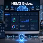 HRMS Globex dashboard showing employee management, payroll, attendance, leave, and HR software features