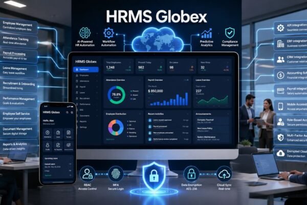 HRMS Globex dashboard showing employee management, payroll, attendance, leave, and HR software features