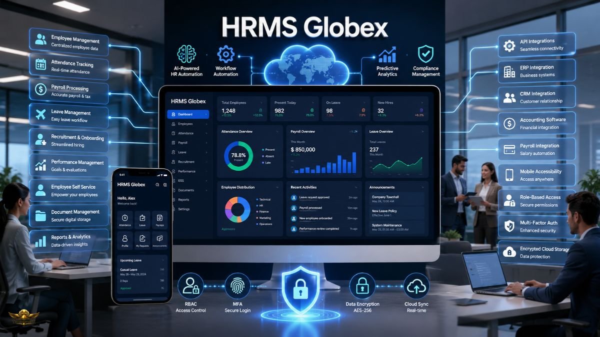 HRMS Globex dashboard showing employee management, payroll, attendance, leave, and HR software features