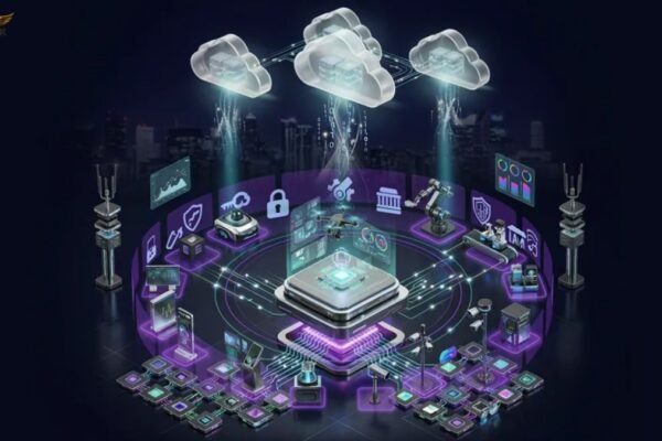 QuantumEdge Fusion Engine dashboard showing Edge AI, real-time inference, cybersecurity, cloud integration, and IoT connectivity
