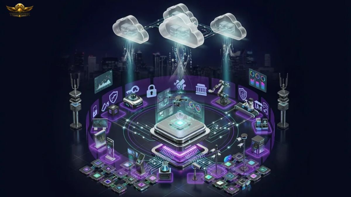 QuantumEdge Fusion Engine dashboard showing Edge AI, real-time inference, cybersecurity, cloud integration, and IoT connectivity