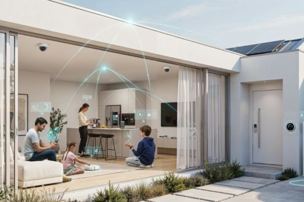 Smart home technology controlling lights, security, and smart devices
