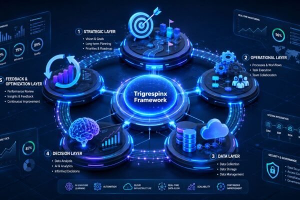 Diagram showing the Trigrespinx Framework architecture with strategic, operational, data, decision, and feedback layers.