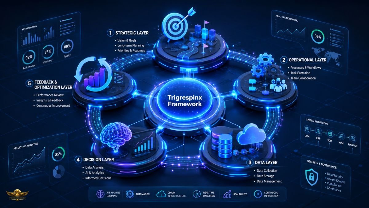 Diagram showing the Trigrespinx Framework architecture with strategic, operational, data, decision, and feedback layers.