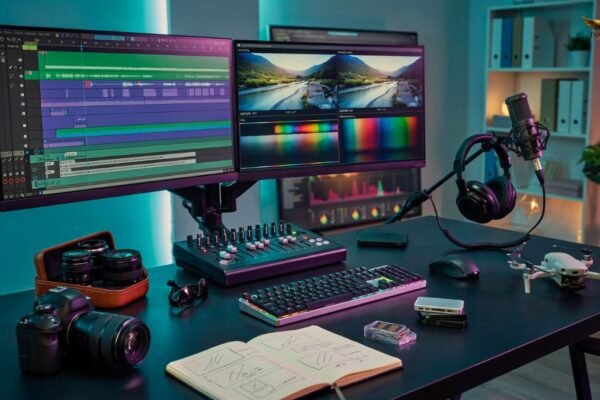Professional video editor editing footage on a computer