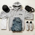 casual American streetwear fashion flat lay outfit