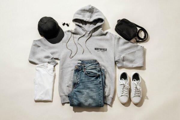 casual American streetwear fashion flat lay outfit
