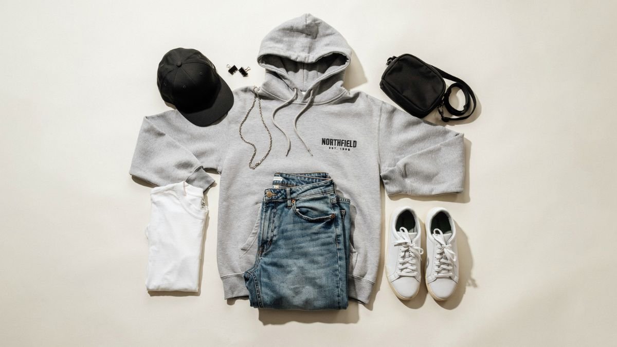 casual American streetwear fashion flat lay outfit